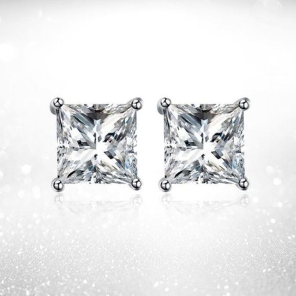 Renaissance 14k White Gold Princess Cut CZ Stud Earrings Lab Created Diamond